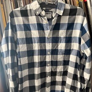 Express Men's Navy and White Plaid Shirt